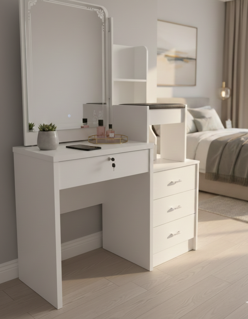 Modern white dressing table with large mirror, multiple drawers, and padded side seat for bedroom use