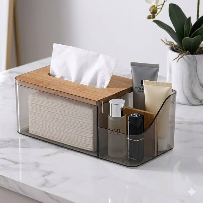 acrylic serviette holder with bamboo lid and storage compartment for dining table, kitchen, and office organisation.