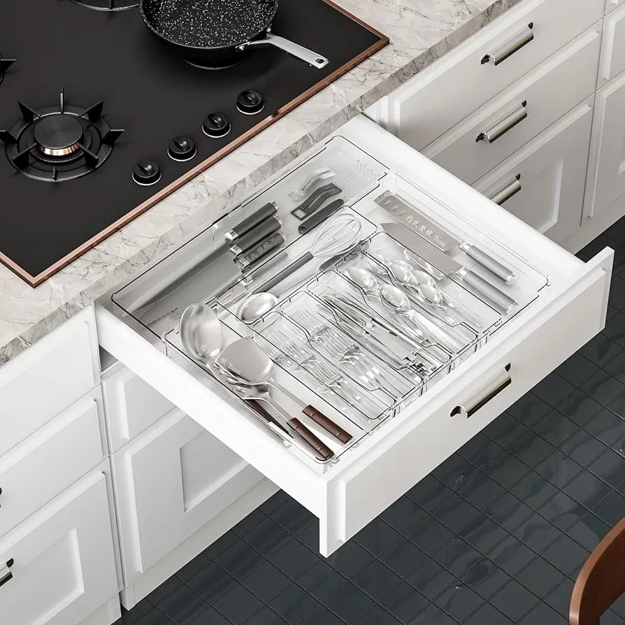 Gemelli Colllection multifunctional acrylic drawer organiser expandable cutlery tray kitchen stationery makeup storage clear adjustable compartment drawer insert 38x32cm expandable 54x49cm