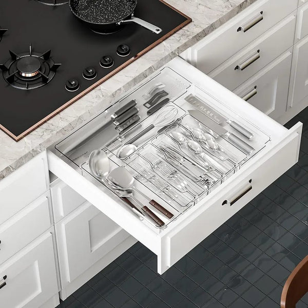 Gemelli Colllection multifunctional acrylic drawer organiser expandable cutlery tray kitchen stationery makeup storage clear adjustable compartment drawer insert 38x32cm expandable 54x49cm