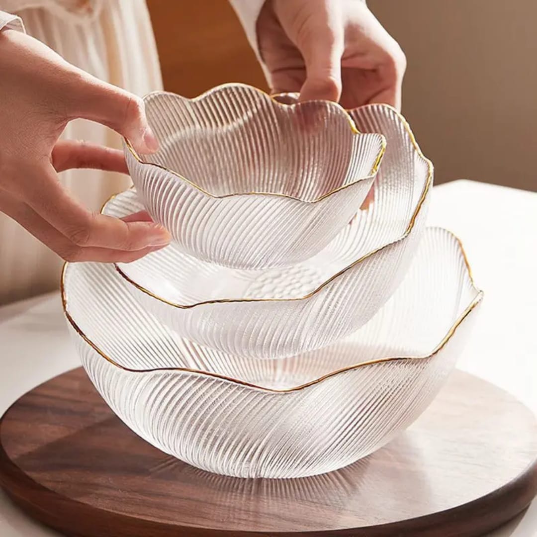 gold rim glass salad bowl set with elegant clear glass design