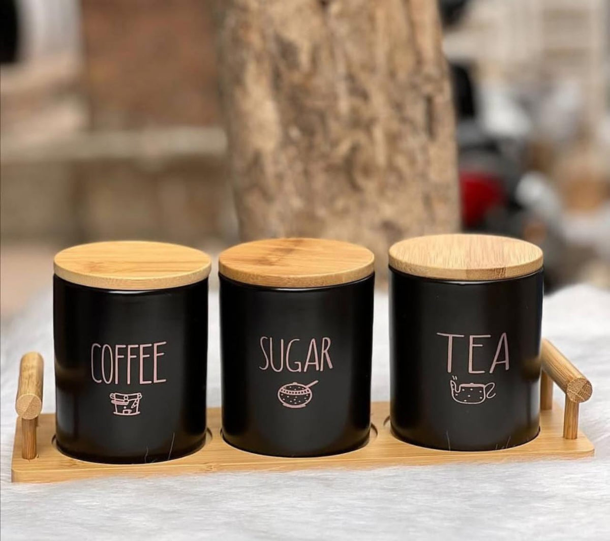 Gemelli Collection 3-Piece Airtight Porcelain Canisters with Bamboo Lids 500ml Kitchen Storage Set for Tea Coffee Sugar