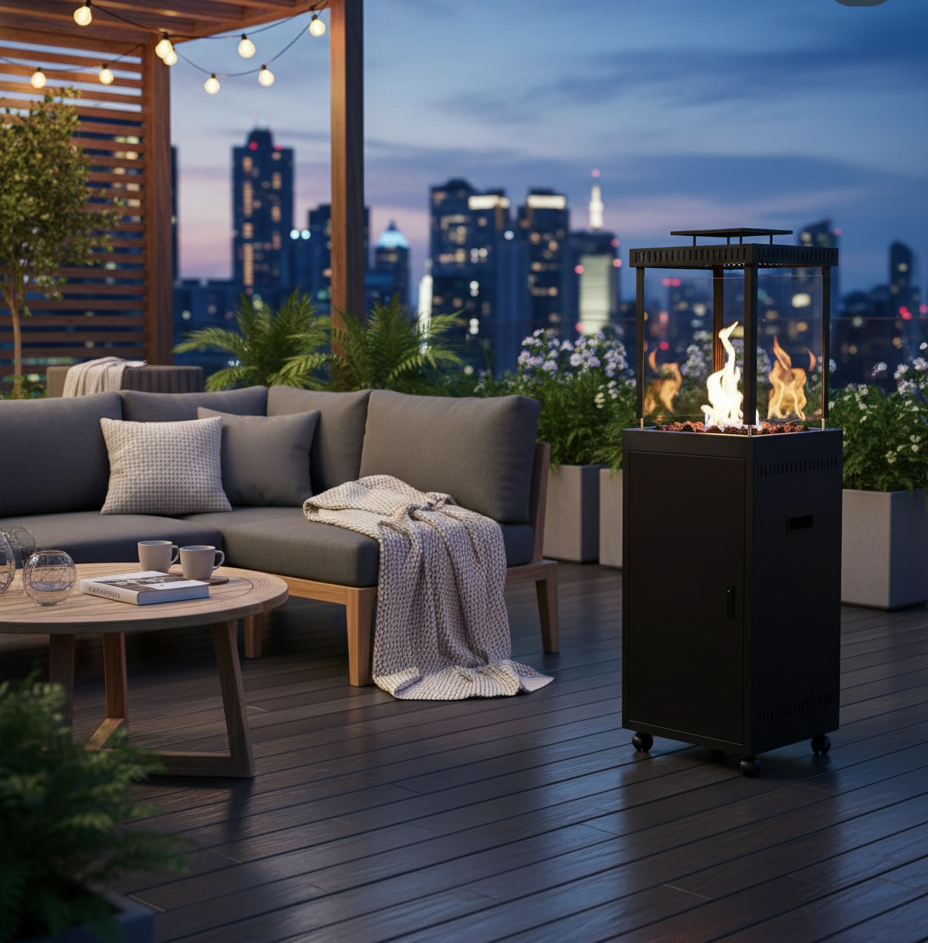 Tall glass flame patio heater with visible fire tube and metal frame.