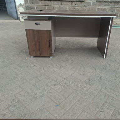 Brown Walnut Finish Office Desk with Lockable Drawer and Cabinet Storage