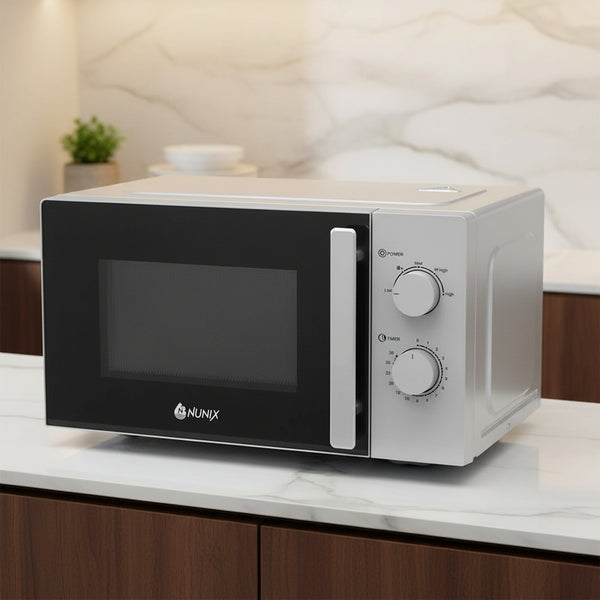 20 litre Nunix microwave oven with 700W output, five power levels and glass turntable tray C20MX1