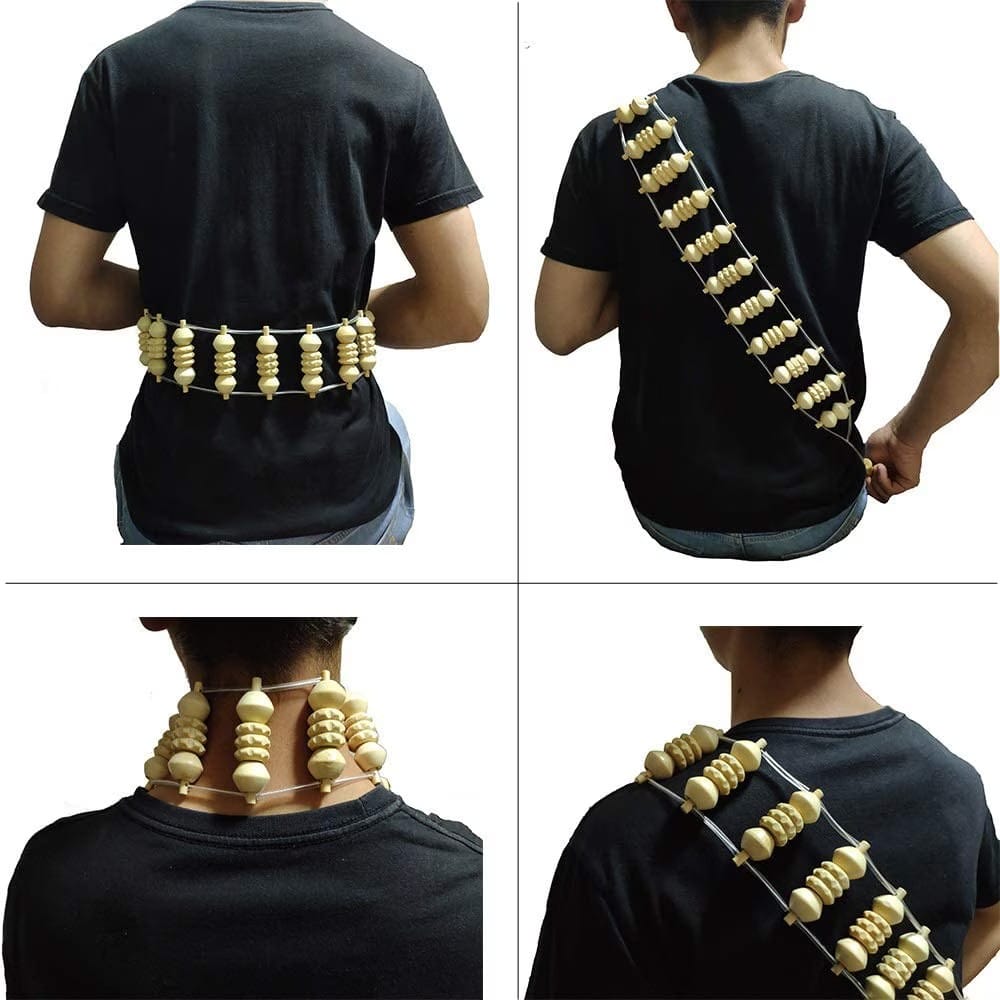 Wooden back massage roller with rope handles and multiple rolling sections for manual back, neck, shoulder, leg, and body massage
