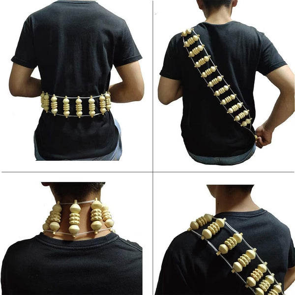 Wooden back massage roller with rope handles and multiple rolling sections for manual back, neck, shoulder, leg, and body massage