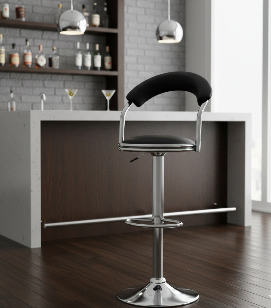 Black adjustable bar stool with curved backrest, chrome base, and hydraulic lift feature