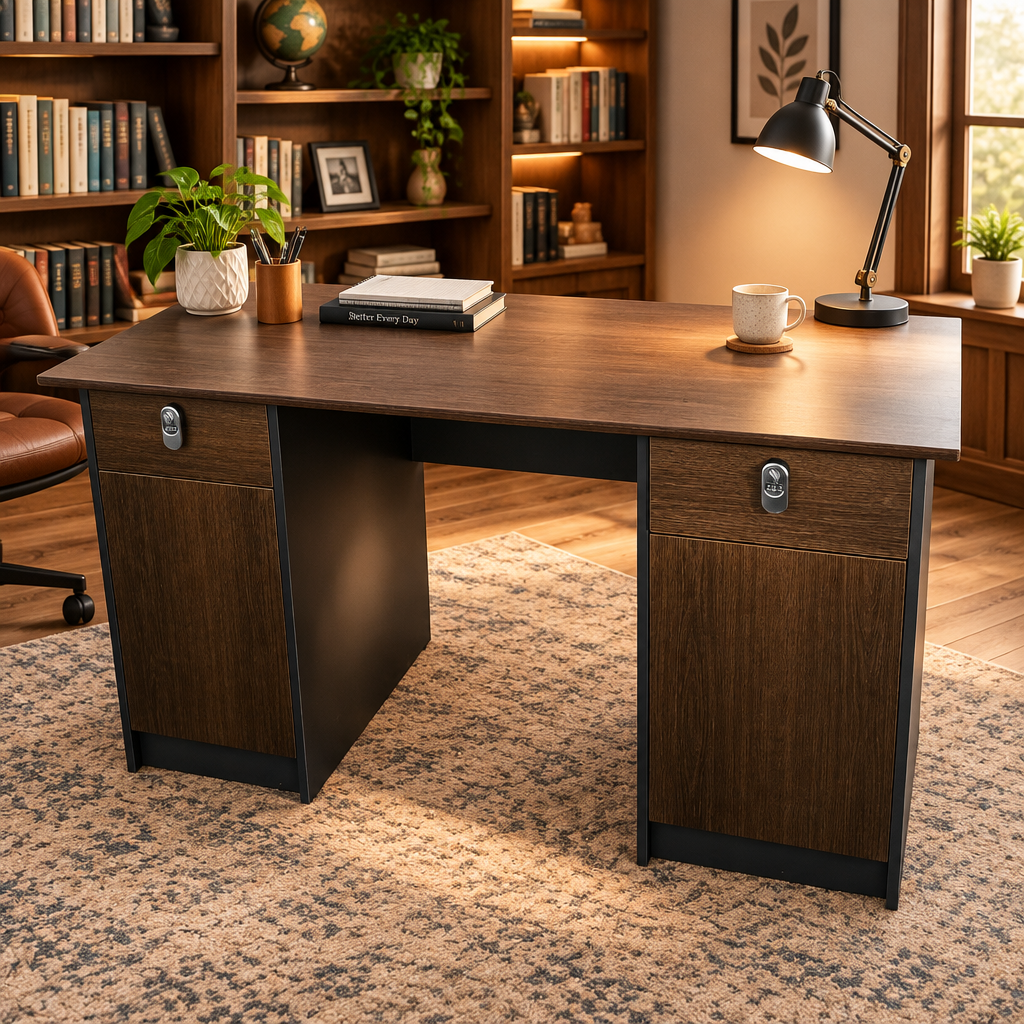 Brown Wood Finish  Double Pedestal Office Desk with Lockable Drawers and Cabinets
