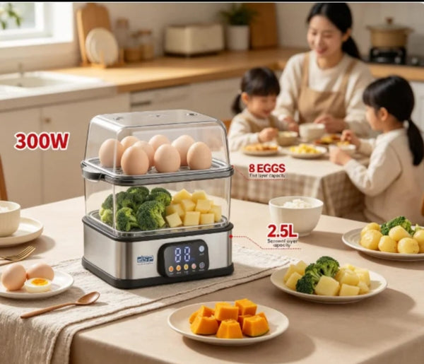 2-layer electric egg and food steamer with 8-egg top layer, 2.5L food steaming compartment, LED touch screen, 110ml water tank, and transparent lids
