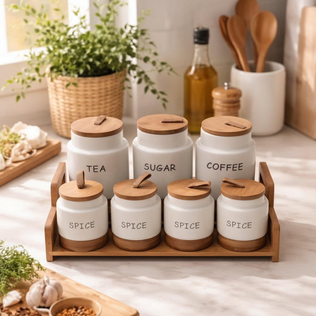 7 piece white speckled ceramic canister set with wooden lids leather loop handles and wooden display tray for tea coffee sugar spice and pantry storage.