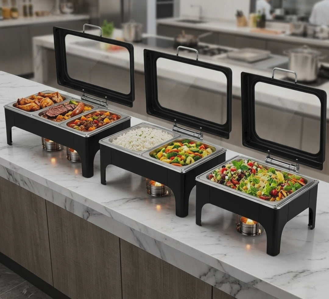 Gemelli Collections 9L black chafing dish available in single, double and triple configurations for buffets, hotels, restaurants and catering.
