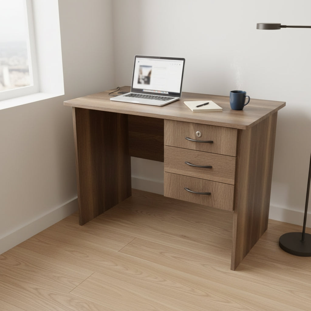 Compact brown woodgrain office desk with three drawers, lockable storage drawer, and cable management hole.