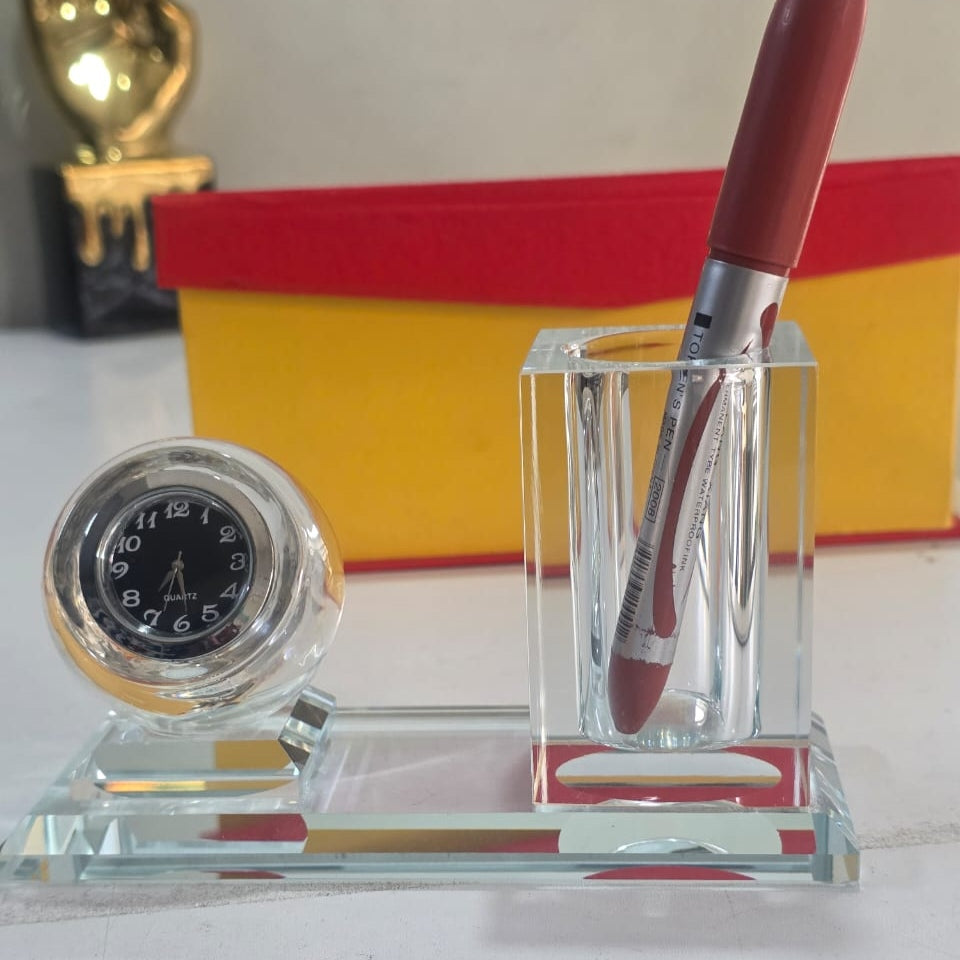 Crystal Glass Desktop Clock and Pen Holder Set
