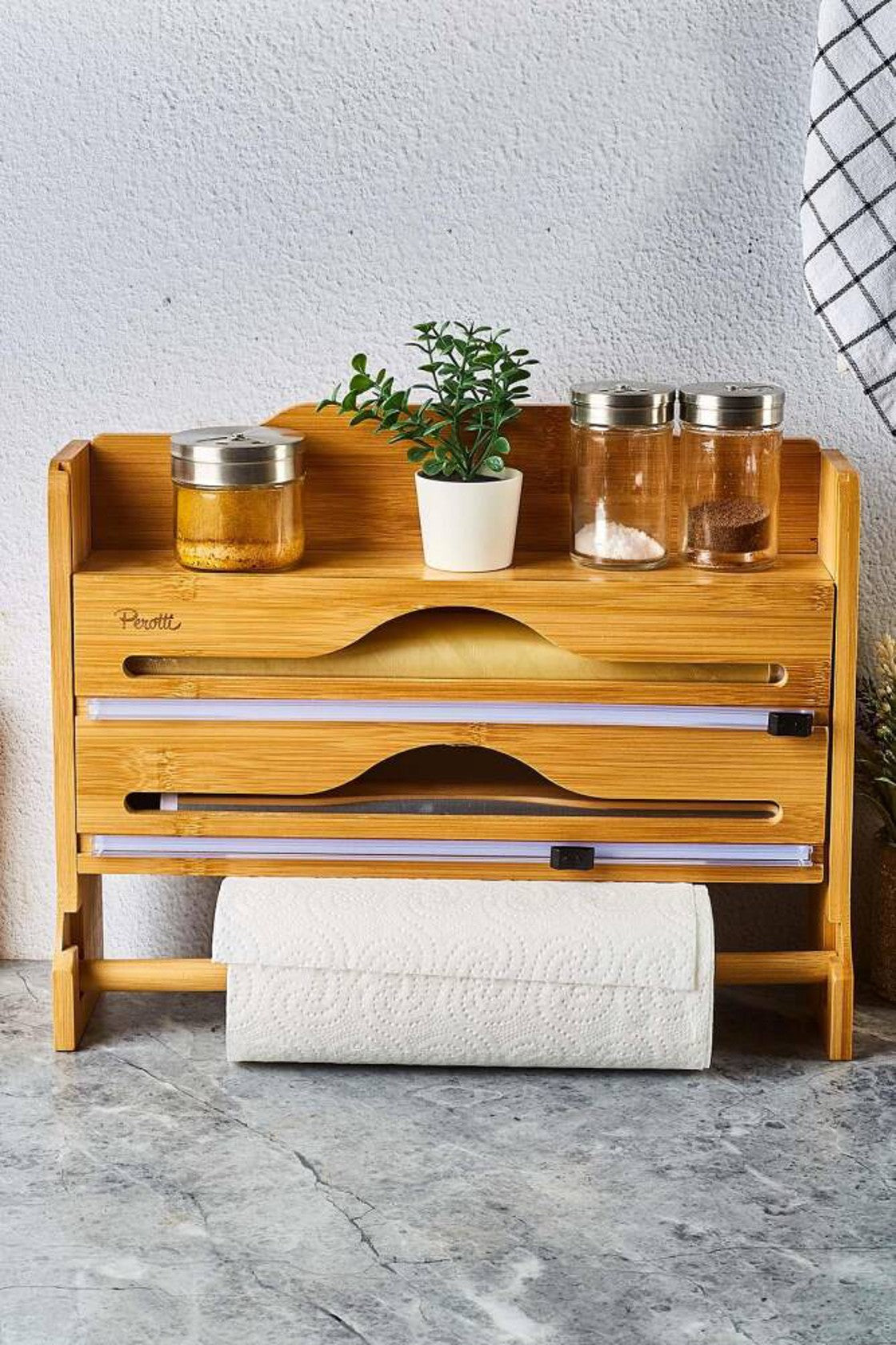 wall mounted bamboo kitchen organiser 3 in 1 cling film foil and plastic wrap dispenser with sliding cutters and paper towel holder