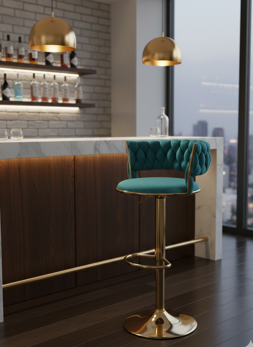 Green upholstered bar stool with gold metal legs and modern design