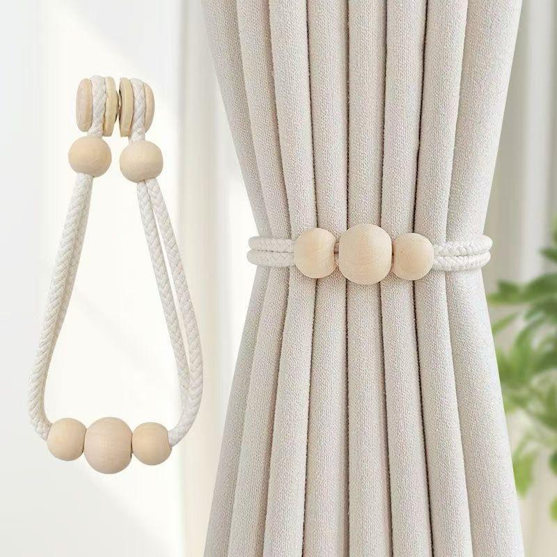 2 piece Nordic magnetic curtain tieback set with solid wood accents and woven straps decorative magnetic curtain holders