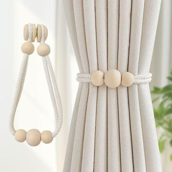 2 piece Nordic magnetic curtain tieback set with solid wood accents and woven straps decorative magnetic curtain holders