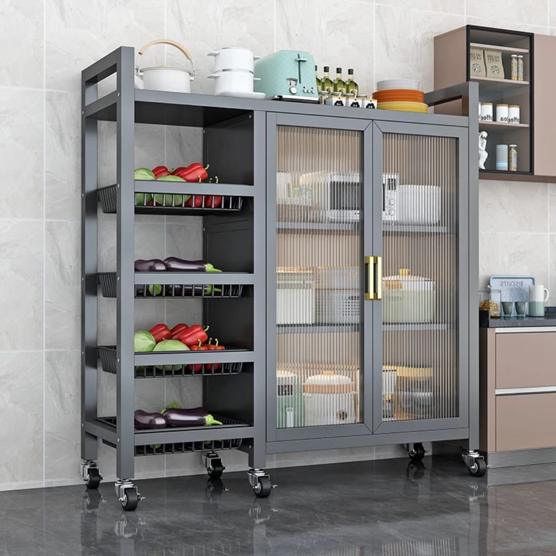 Kitchen Storage Rack with Visible Doors and Metal Handles