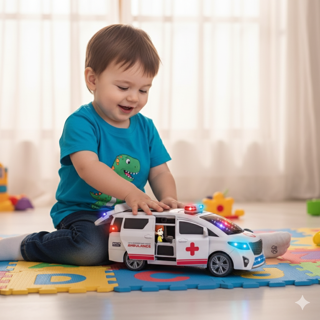 Rotating ambulance toy car with lights, siren sounds, and automatic doors for kids