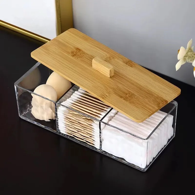 acrylic organizer with bamboo lid for storing cosmetics, bathroom essentials, snacks, and household accessories.