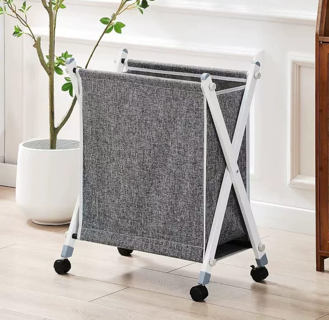 Beige and grey foldable laundry basket with stand and wheels for easy transport