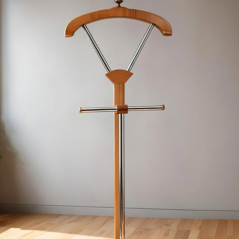 wooden valet stand with curved hanger top, chrome pants bar, and square wooden base for suits, jackets, and trousers.