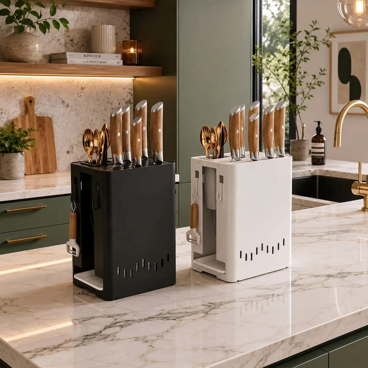 kitchen knife block organiser with ventilated slots and removable draining tray for storing knives utility blades and kitchen shears