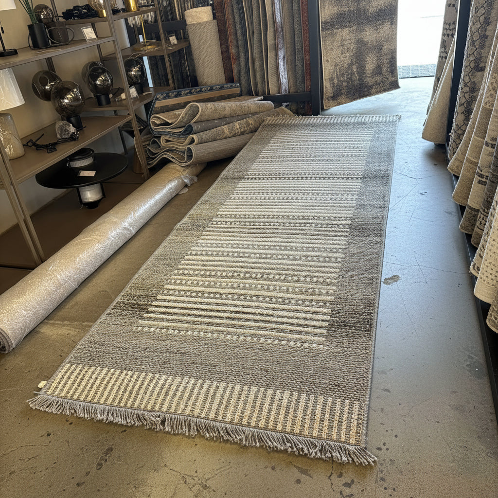 Gemelli Collection Oriental Weavers Kemet #6 grey beige striped corridor runner rug with linear pattern, jute-look texture and fringe