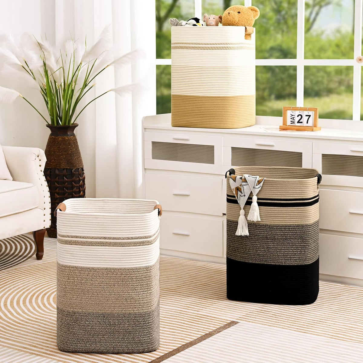 cotton rope woven laundry hamper with leather handles measuring 43x35x56cm stylish storage basket 