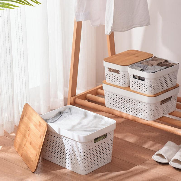 Gemelli Colllection large modern storage basket with bamboo lid 17L home organiser container bathroom kitchen laundry storage box minimalist natural décor basket with lid 36.5x26x20cm
