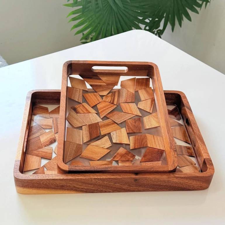2 Piece Wood Mosaic Serving Tray Set