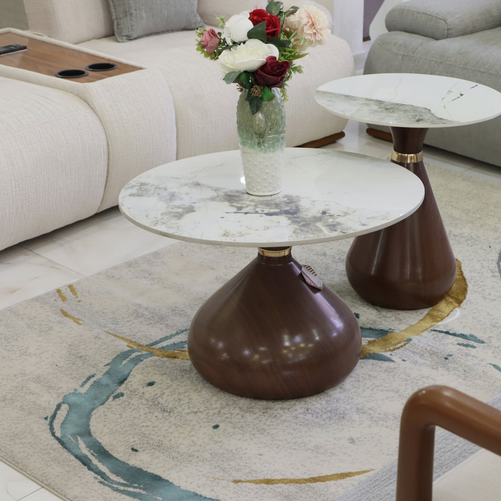 Marble top nesting coffee table set with brown base for modern space saving living room furniture use