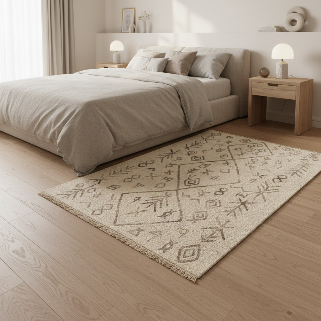 Gemelli Collections Oriental Weavers Kemet KBORIE197 beige grey Berber tribal diamond kilim jute look rug with fringe.