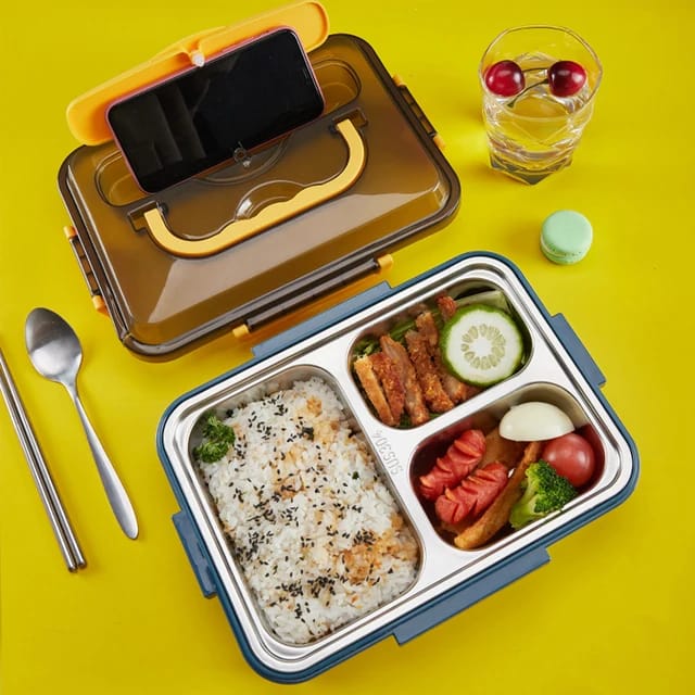 3-grid stainless steel lunch box with spoon, chopsticks, and insulated lunch bag in assorted colours
