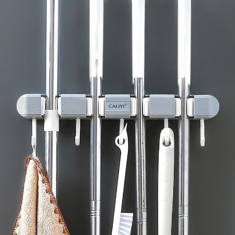 Non Slip Wall Mounted Mop Holder with 4 Racks and 5 Hooks – Drill Free Organizer for Mops, Brooms, Brushes, and Cleaning Tools