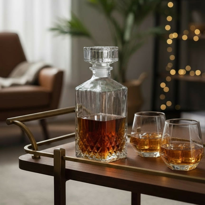 clear glass whiskey decanter set with 2 glasses