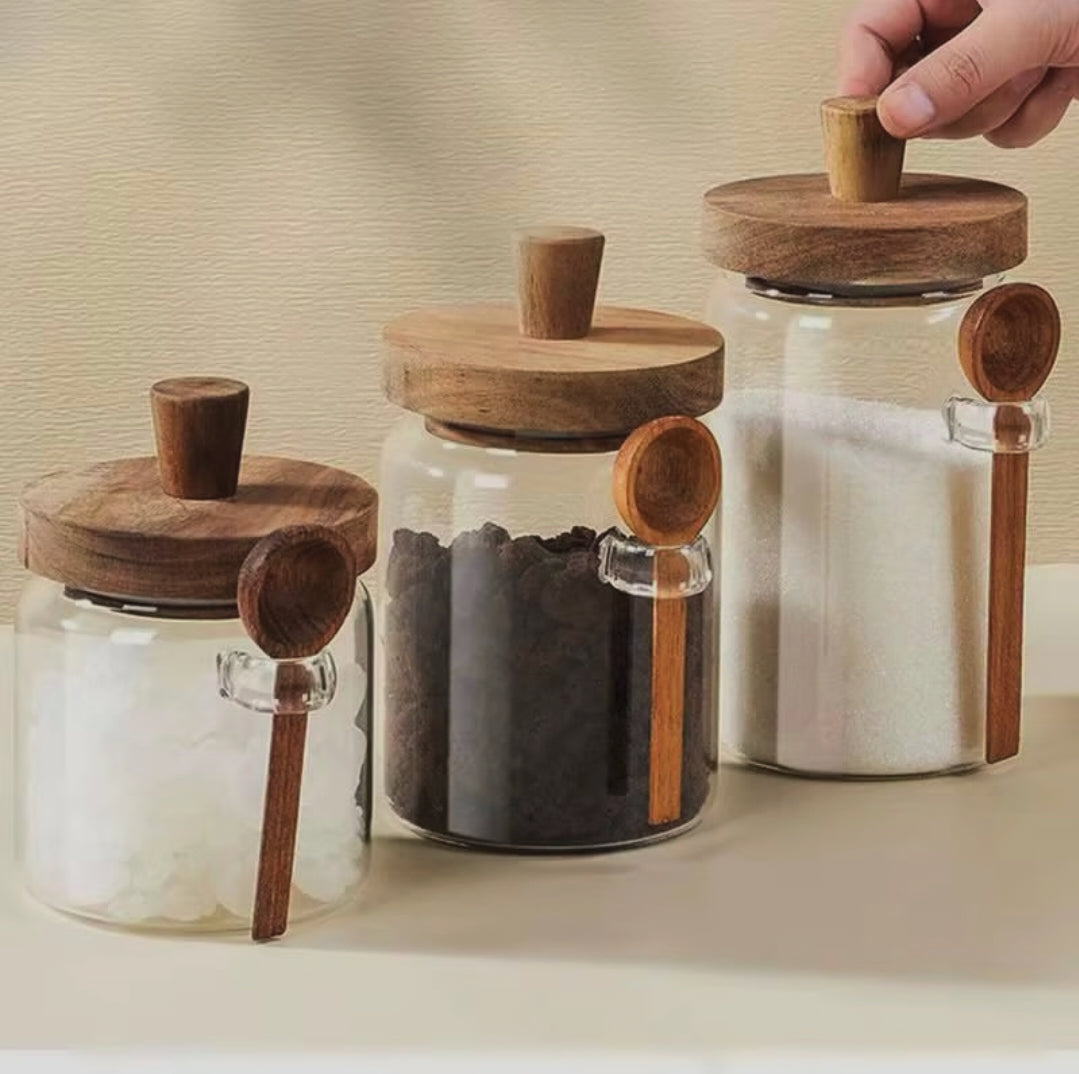 Glass Storage Jar with Acacia Wood Lid and Spoon – Airtight Kitchen Container for Coffee, Tea, Sugar, Spices, Cereals, Pasta, and Pantry Storage