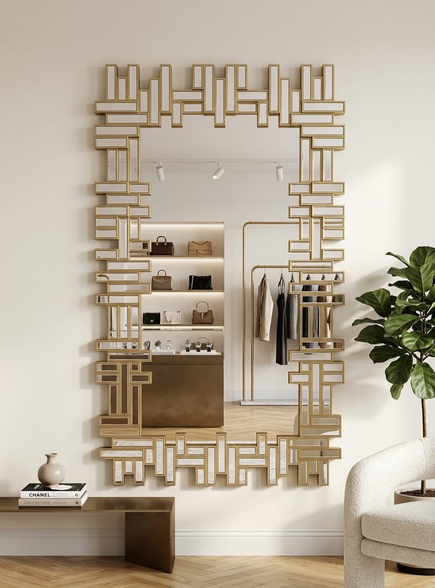 120 × 55cm structured frame decorative mirror with elegant detailing, available in gold and silver for living rooms, bedrooms and dressing areas.