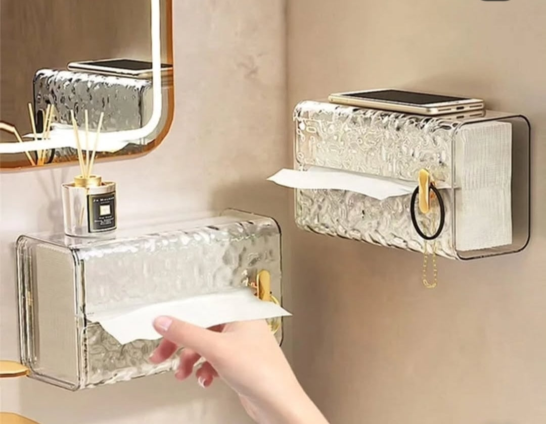 Gemelli Collections transparent acrylic wall mounted tissue box holder for bathrooms, kitchens, offices, and home organization.