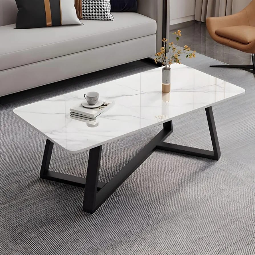 Marble top coffee table with white surface and metal frame for modern living room furniture