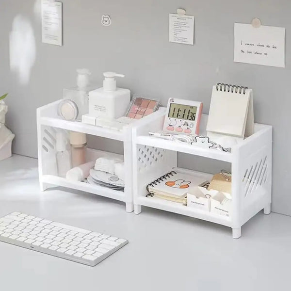 White double-layer PP desktop storage rack for organising stationery, cosmetics, office supplies, and accessories on student desks, dressing tables, and office workstations.