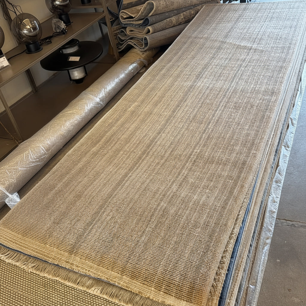 Gemelli Collection Timeless T01 natural beige woven jute-look corridor runner rug with subtle texture, taupe stripes and fringe