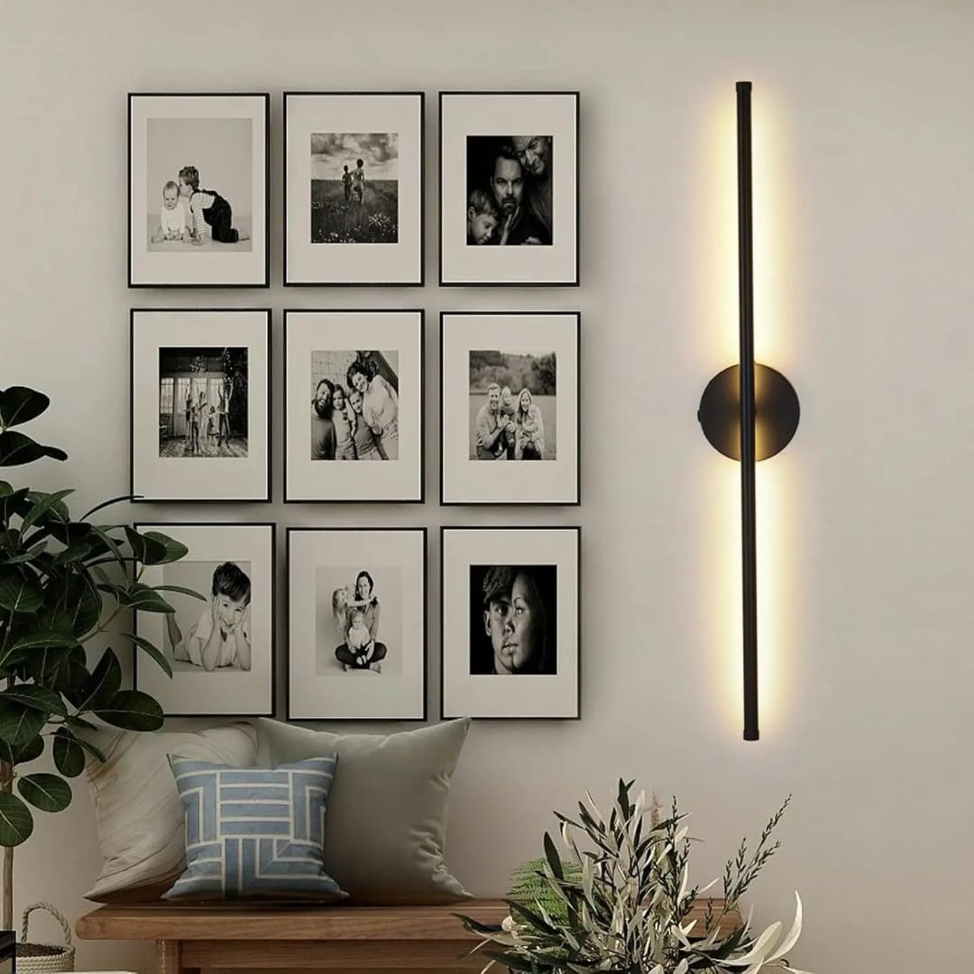 Black wireless LED wall sconce with remote control, touch control, USB rechargeable power, and dimmable white, warm, and yellow light options.