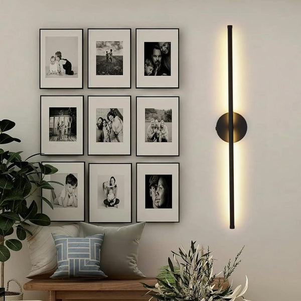 Black wireless LED wall sconce with remote control, touch control, USB rechargeable power, and dimmable white, warm, and yellow light options.