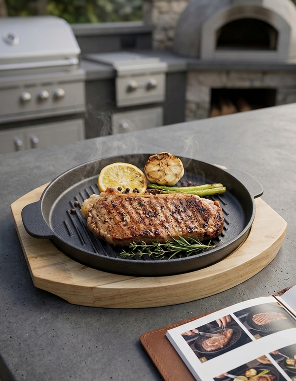 Thickened Round Cast Iron Sizzling Grill Pan with Wooden Base, 22 cm, Ideal for BBQ, Steak, and Grilled Fish, Durable Cast Iron Pan for Home and Commercial Use