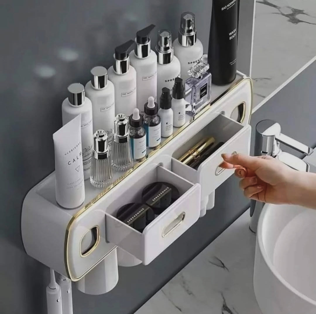 Wall Mounted Toothpaste and Toothbrush Holder – Bathroom Organizer with Double Toothpaste Squeezer and 4 Magnetic Cups in White and Green