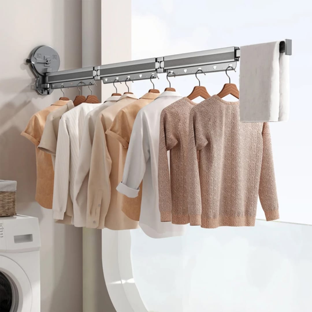 retractable wall-mounted clothes drying rack no drilling laundry drying hanger space-saving portable clothes airer for bathrooms balconies laundry rooms and home organisation.