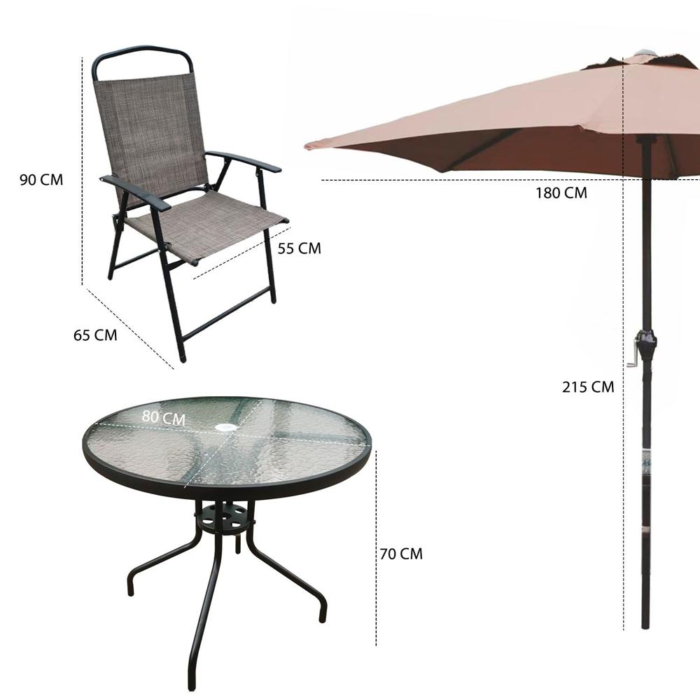 6pc Bistro Set 4 Chairs, Glass Table & Umbrella