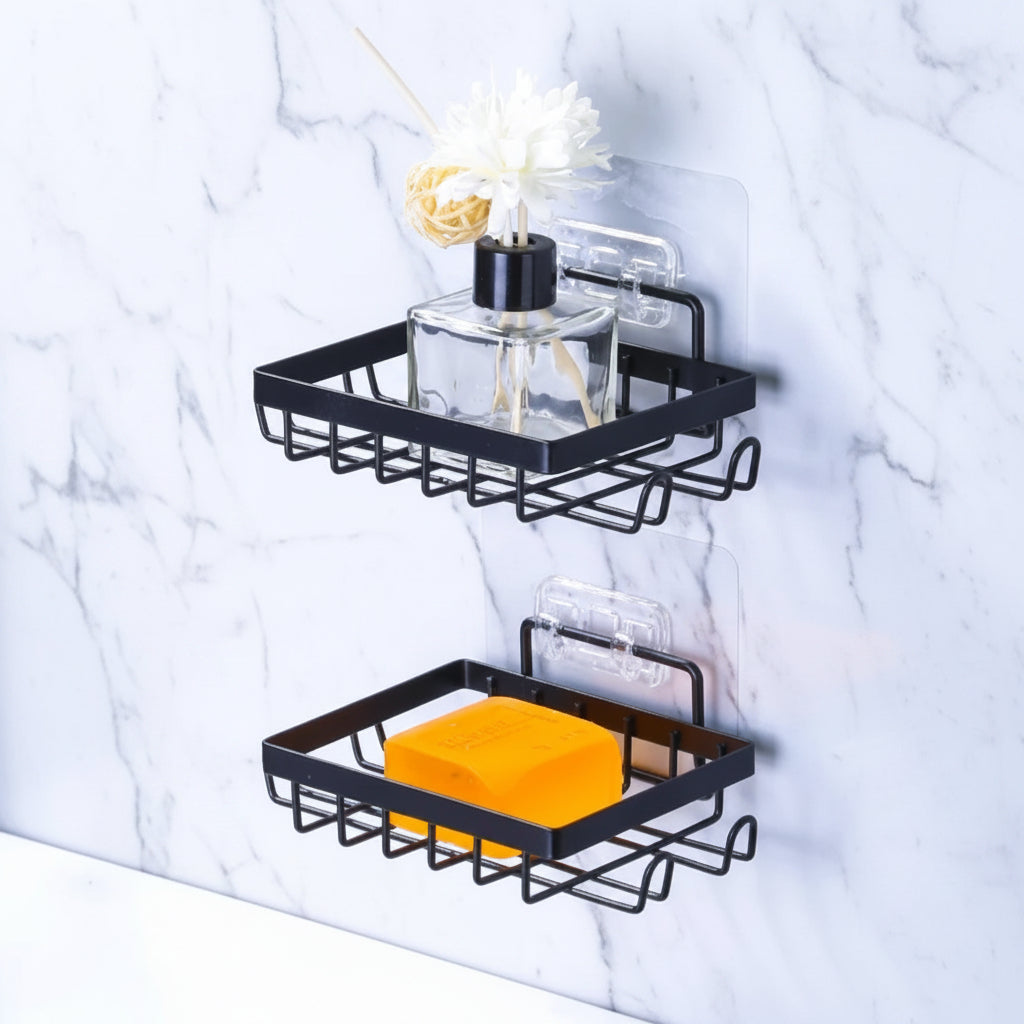 Black wall mounted stainless steel soap dish with no drilling installation.